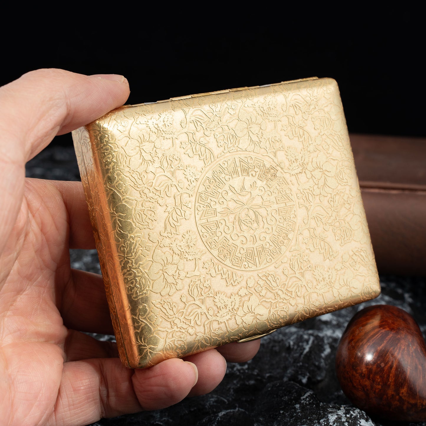 Brass Cigarette Case with Engraved Peonies, 6 Sided Design, Double Sided Spring Clip Open Pocket Holder Holds 20 Cigarettes