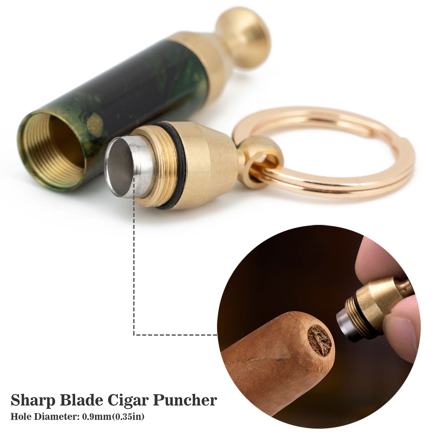 Solid Brass 2-in-1 Cigar Punch Cutter Cigar Needle with Keychain, Cigar Draw Enhancer, Premium Cigar Accessories Tool