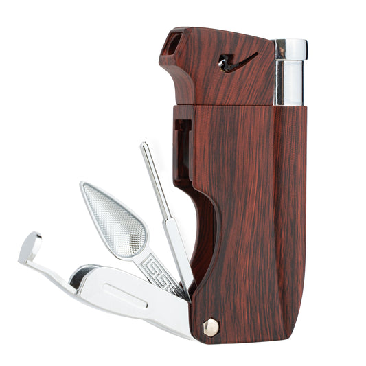 Refillable Butane Pipe Lighter with Angled Soft Flame for Smoking Tobacco, Built-in 3-in-1 Pipe Cleaner Tool Kit