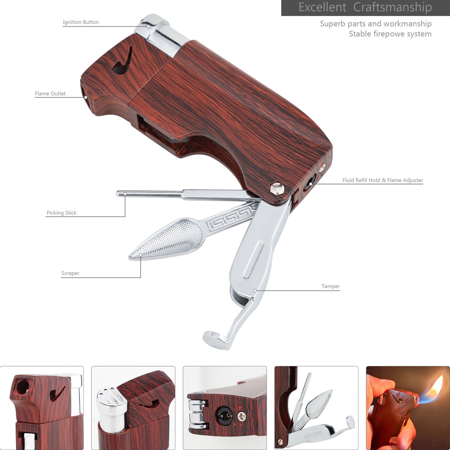 Refillable Butane Pipe Lighter with Angled Soft Flame for Smoking Tobacco, Built-in 3-in-1 Pipe Cleaner Tool Kit