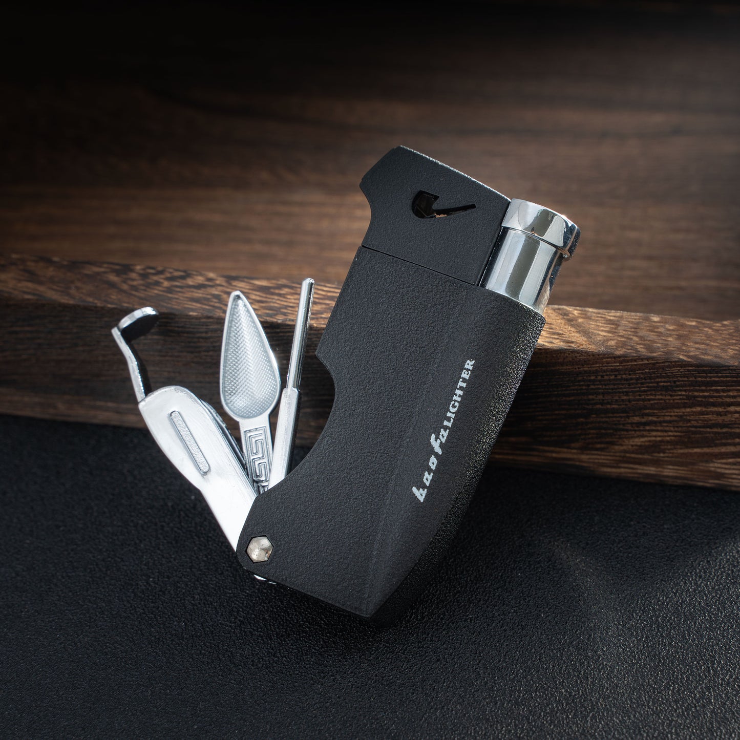 Refillable Butane Pipe Lighter with Angled Soft Flame for Smoking Tobacco, Built-in 3-in-1 Pipe Cleaner Tool Kit