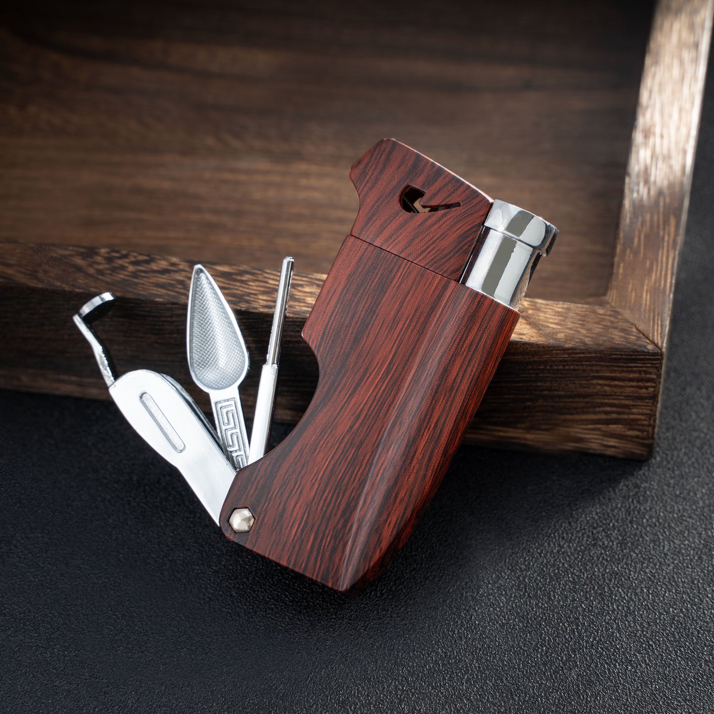 Refillable Butane Pipe Lighter with Angled Soft Flame for Smoking Tobacco, Built-in 3-in-1 Pipe Cleaner Tool Kit