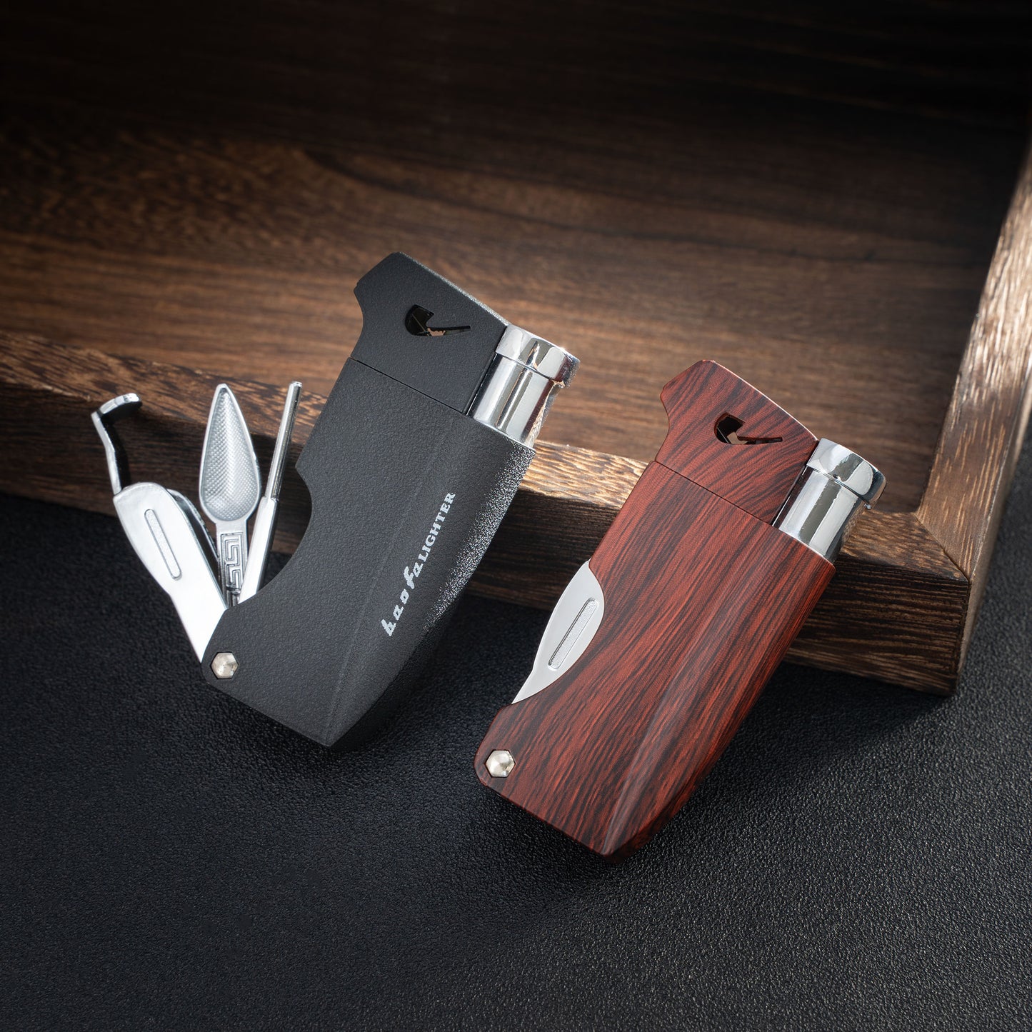 Refillable Butane Pipe Lighter with Angled Soft Flame for Smoking Tobacco, Built-in 3-in-1 Pipe Cleaner Tool Kit