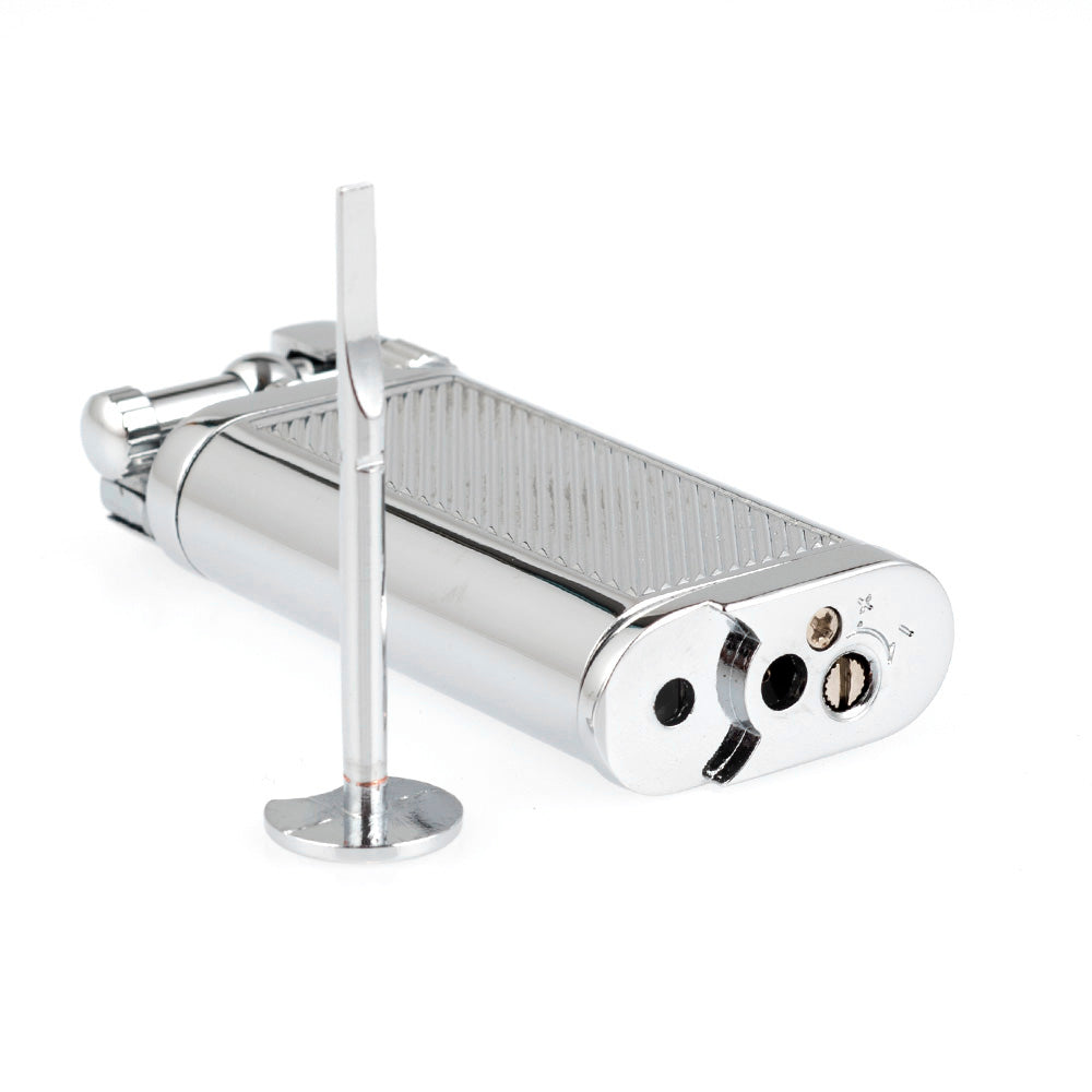 Angled Soft Flame Antique Style Lift Arm Butane Refillable Lighter with Tamper & Pick (Chrome)