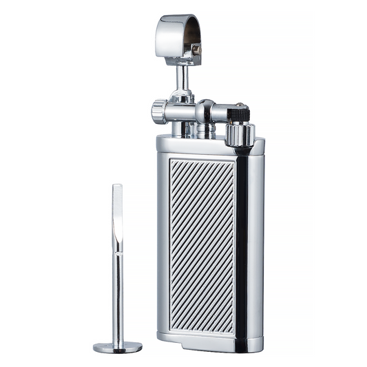Angled Soft Flame Antique Style Lift Arm Butane Refillable Lighter with Tamper & Pick (Chrome)