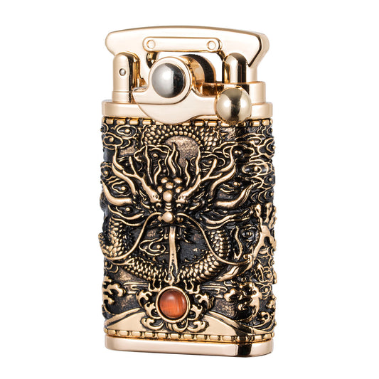 Antique Chinese Dragon Design Metal Rocker Arm Kerosene Lighter - Soft Flame, Collectible Retro Style, Portable & Handcrafted