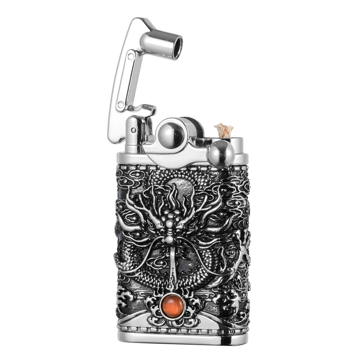 Antique Chinese Dragon Design Metal Rocker Arm Kerosene Lighter - Soft Flame, Collectible Retro Style, Portable & Handcrafted