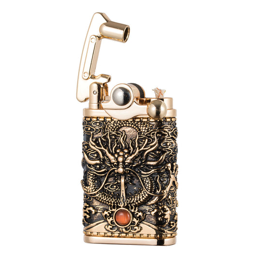 Antique Chinese Dragon Design Metal Rocker Arm Kerosene Lighter - Soft Flame, Collectible Retro Style, Portable & Handcrafted