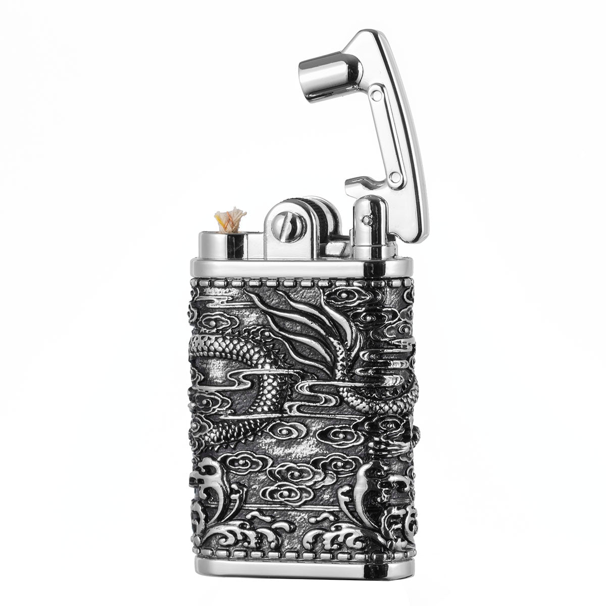 Antique Chinese Dragon Design Metal Rocker Arm Kerosene Lighter - Soft Flame, Collectible Retro Style, Portable & Handcrafted