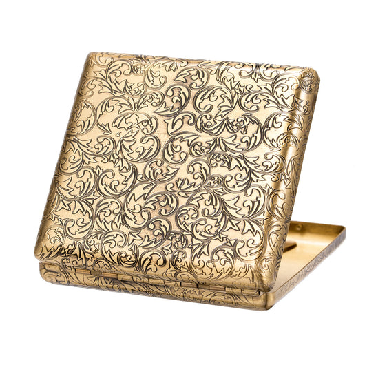6 Sides Engraved Flowers Solid Brass Metal Cigarette Case Holder for Regular Cigarettes