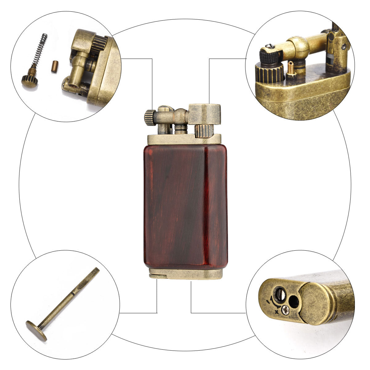 Rosewood Angled Soft Flame Antique Style Lift Arm Butane Refillable Lighter with Tamper & Pick